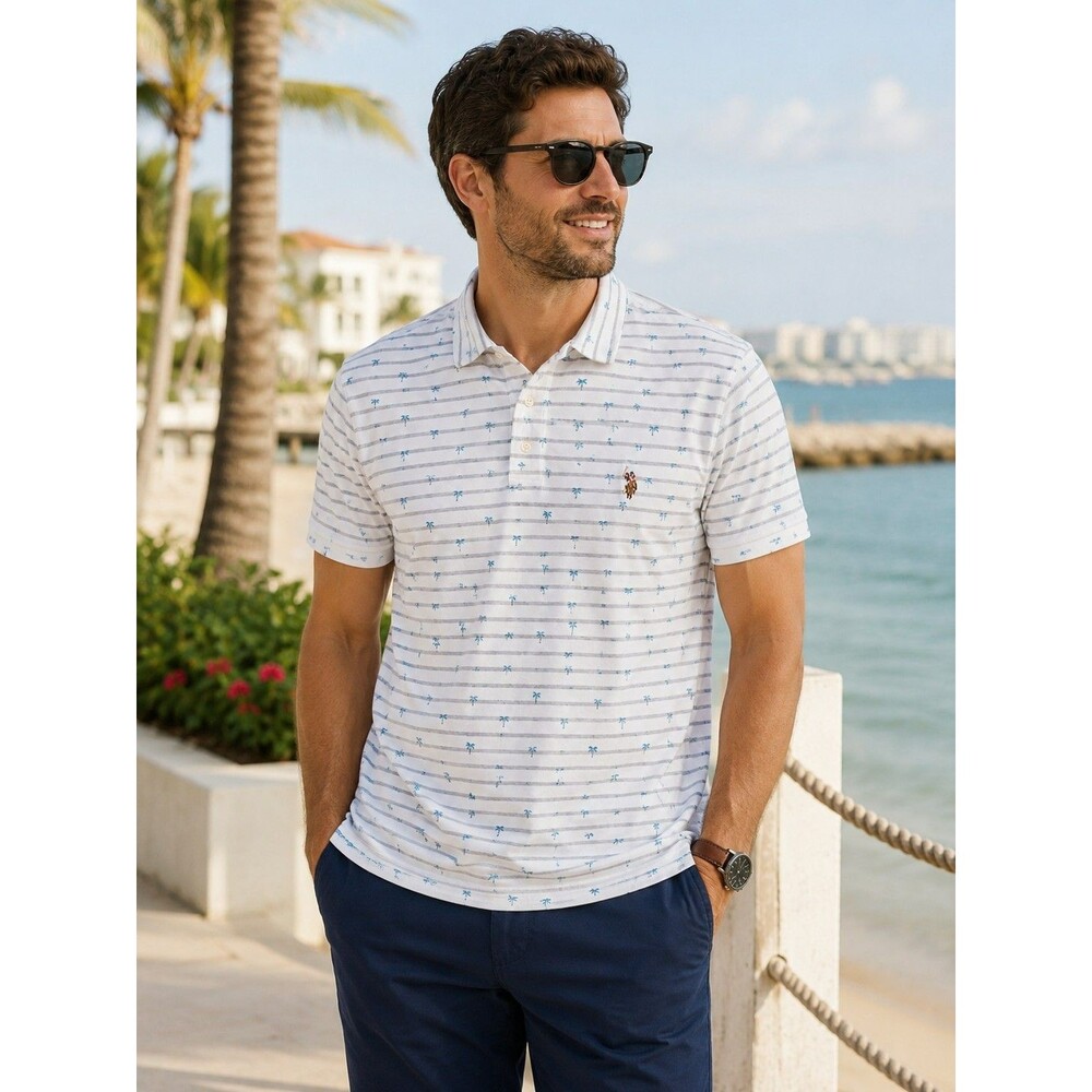 U.S. Polo Assn Mens XXL Palm Tree Stripe Golf Polo Shirt White Blue Gray Cotton